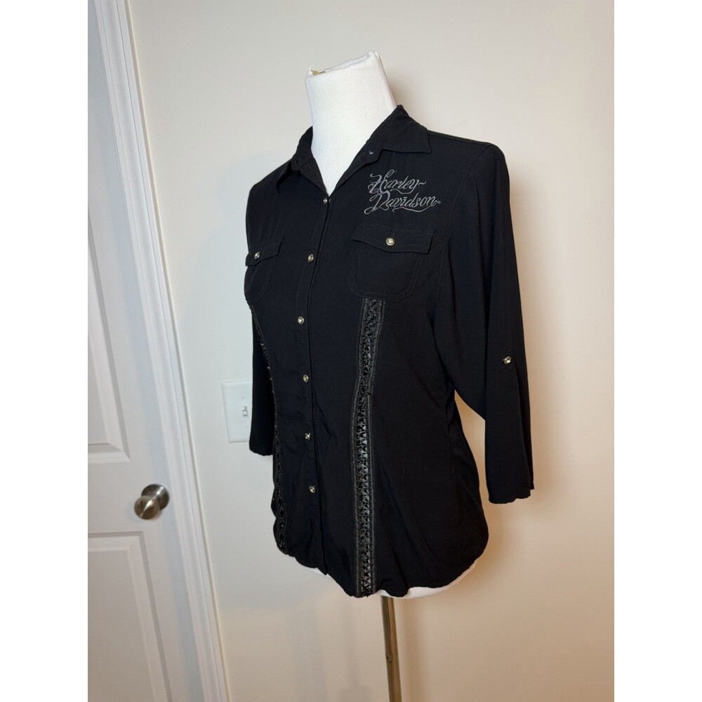 Harley Davidson Women’s M Button Up Shirt 3/4 Sleeves Ribbon Detail Angel Wings - Picture 3 of 15